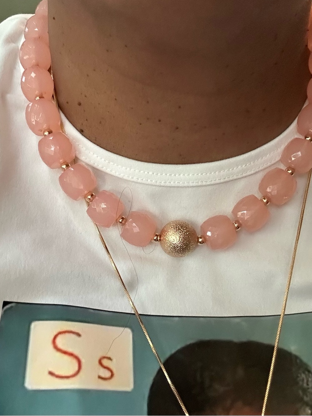 Gold and Pink Beaded Statement Necklace by
